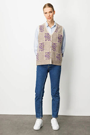 Desen Triko Kadın Pıtırcık Çiçekli Patchwork Keçe Yün Yelek 24084 Bej-Mor