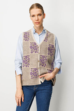 Desen Triko Kadın Pıtırcık Çiçekli Patchwork Keçe Yün Yelek 24084 Bej-Mor