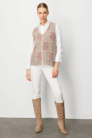 Desen Triko Kadın Pıtırcık Çiçekli Patchwork Keçe Yün Yelek 24084 Bej G.Kurusu