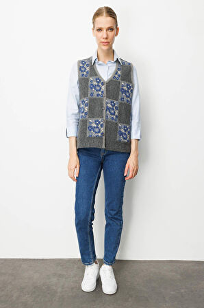 Desen Triko Kadın Pıtırcık Çiçekli Patchwork Keçe Yün Yelek 24084 Füme-Mavi