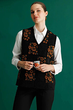 Desen Triko Kadın Pıtırcık Çiçekli Patchwork Keçe Yün Yelek 24084 Siyah-Tarçın