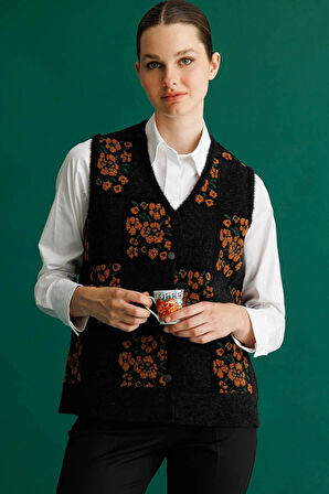 Desen Triko Kadın Pıtırcık Çiçekli Patchwork Keçe Yün Yelek 24084 Siyah-Tarçın