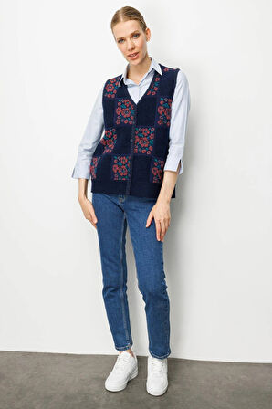 Desen Triko Kadın Pıtırcık Çiçekli Patchwork Keçe Yün Yelek 24084 A.Laci-G.Kurusu
