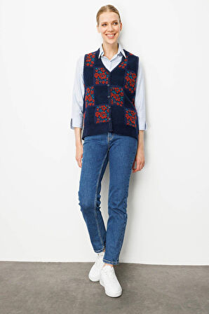 Desen Triko Kadın Pıtırcık Çiçekli Patchwork Keçe Yün Yelek 24084 Y.A.Laci-Kiremit