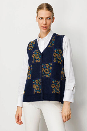 Desen Triko Kadın Pıtırcık Çiçekli Patchwork Keçe Yün Yelek 24084 A.Laci-O.Haki