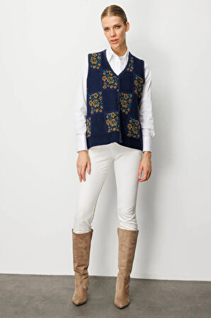 Desen Triko Kadın Pıtırcık Çiçekli Patchwork Keçe Yün Yelek 24084 A.Laci-O.Haki