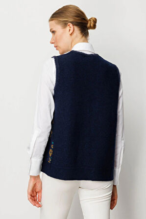 Desen Triko Kadın Pıtırcık Çiçekli Patchwork Keçe Yün Yelek 24084 A.Laci-O.Haki