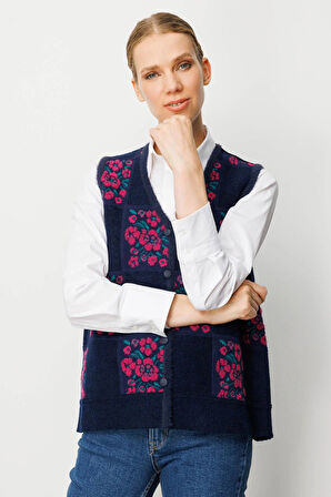 Desen Triko Kadın Pıtırcık Çiçekli Patchwork Keçe Yün Yelek 24084 Sıklamen