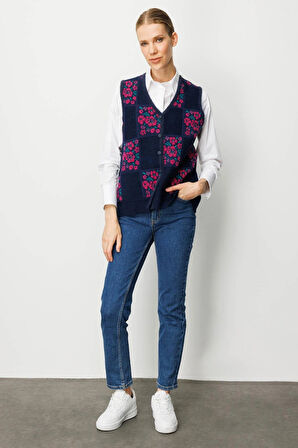 Desen Triko Kadın Pıtırcık Çiçekli Patchwork Keçe Yün Yelek 24084 Sıklamen