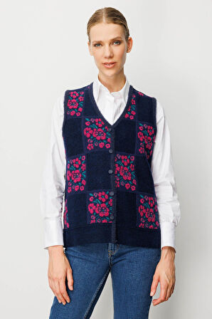 Desen Triko Kadın Pıtırcık Çiçekli Patchwork Keçe Yün Yelek 24084 Sıklamen