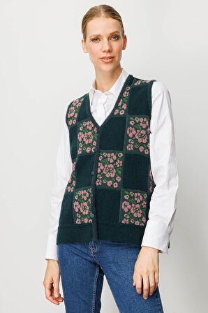 Desen Triko Kadın Pıtırcık Çiçekli Patchwork Keçe Yün Yelek 24084 Yeşil G.Kurusu
