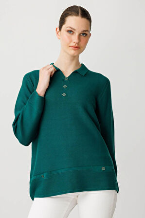 Desen Triko Kadın Polo Yaka Sahte Cepli Bluz 25243 Ö. Başı