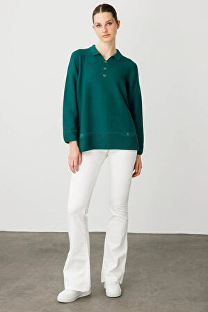 Desen Triko Kadın Polo Yaka Sahte Cepli Bluz 25243 Ö. Başı