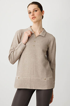 Desen Triko Kadın Polo Yaka Sahte Cepli Bluz 25243 Vizon