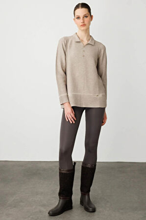 Desen Triko Kadın Polo Yaka Sahte Cepli Bluz 25243 Vizon