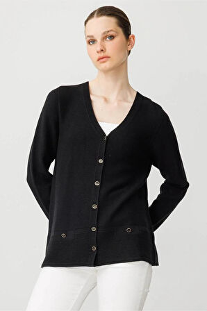 25244 DESEN TRİKO LİNXLİ SAHTE CEPLİ DÜĞMELİ V YAKA KADIN CEKET