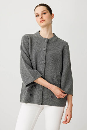 Desen Triko Kadın Dik Yaka Çiçek Desenli Kısa Yün Ceket 25015 Füme