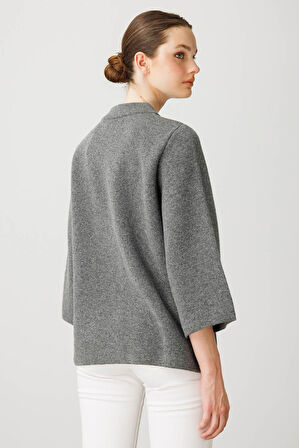 Desen Triko Kadın Dik Yaka Çiçek Desenli Kısa Yün Ceket 25015 Füme