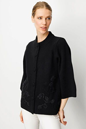 Desen Triko Kadın Dik Yaka Çiçek Desenli Kısa Yün Ceket 25015 Siyah
