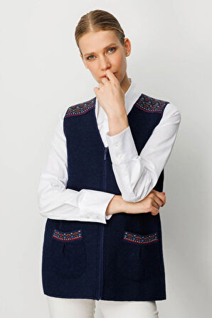 Desen Triko Kadın V Yaka Önü Keçe Fermuarlı Kısa Yün Yelek 25017 Y.A. Lacivert