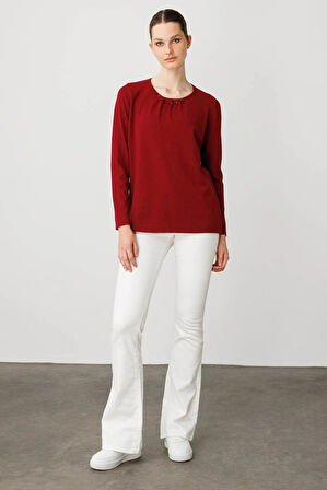 Desen Triko Kadın Sıfır Yaka Dantel Çiçek İşlemeli Ligralı Bluz 25093 Vişne Çürüğü