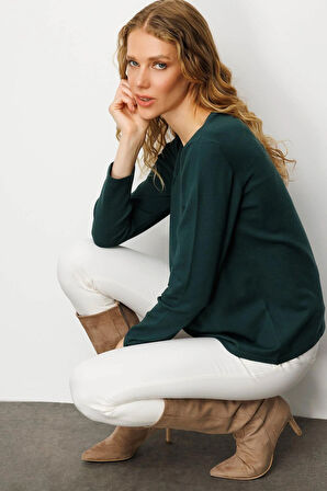 Desen Triko Kadın Sıfır Yaka Önü Pileli Boncuklu Ligralı Bluz 25095 Yeşil