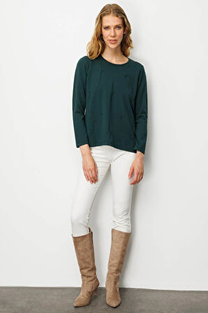 Desen Triko Kadın Sıfır Yaka Önü Pileli Boncuklu Ligralı Bluz 25095 Yeşil