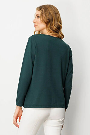 Desen Triko Kadın Sıfır Yaka Önü Pileli Boncuklu Ligralı Bluz 25095 Yeşil