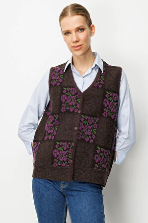 Desen Triko Kadın Pıtırcık Çiçekli Patchwork Keçe Yün Yelek 24084 K.Kahve-A.Mor