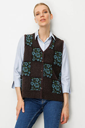 Desen Triko Kadın Pıtırcık Çiçekli Patchwork Keçe Yün Yelek 24084 K.Kahve-Mint