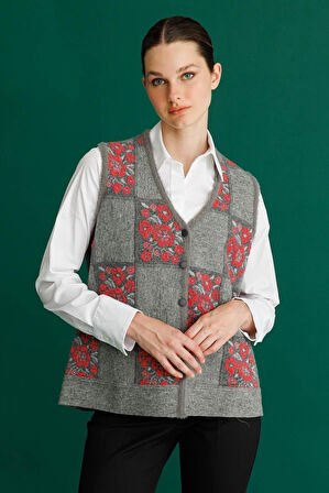 Desen Triko Kadın Pıtırcık Çiçekli Patchwork Keçe Yün Yelek 24084 Y.Füme-Y.Ş Pembe