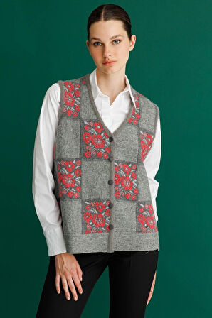 Desen Triko Kadın Pıtırcık Çiçekli Patchwork Keçe Yün Yelek 24084 Y.Füme-Y.Ş Pembe