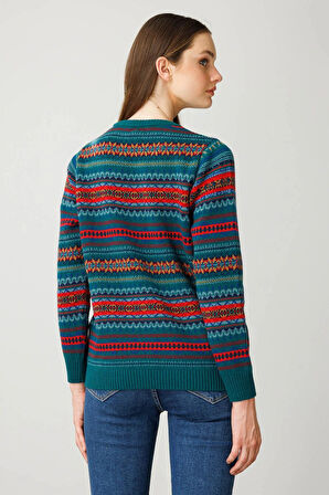 Desen Triko Kadın Sıfır Yaka Komple Jakarlı Yün Kazak 25100 K.Ö.Başı