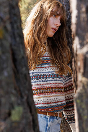 Desen Triko Kadın Sıfır Yaka Komple Jakarlı Yün Kazak 25100 Kemik