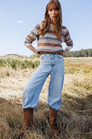 Desen Triko Kadın Sıfır Yaka Komple Jakarlı Yün Kazak 25100 Kemik