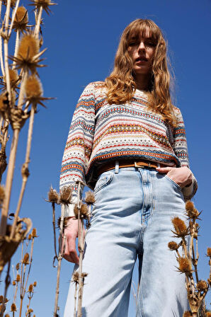 Desen Triko Kadın Sıfır Yaka Komple Jakarlı Yün Kazak 25100 Kemik