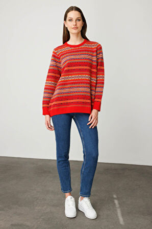 Desen Triko Kadın Sıfır Yaka Komple Jakarlı Yün Kazak 25100 Mercan