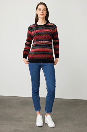 Desen Triko Kadın Sıfır Yaka Komple Jakarlı Yün Kazak 25100 Siyah