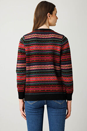 Desen Triko Kadın Sıfır Yaka Komple Jakarlı Yün Kazak 25100 Siyah