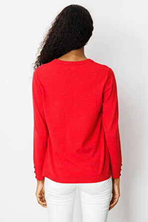 Desen Triko Kadın V Yaka Kolları Düğmeli Simli Bluz 23393 Açık Kırmızı