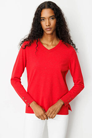 Desen Triko Kadın V Yaka Kolları Düğmeli Simli Bluz 23393 Açık Kırmızı