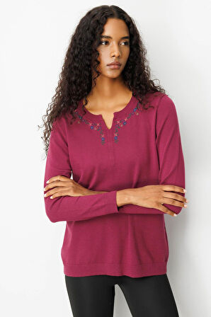 Desen Triko Kadın Sıfır Yaka Yakası Çiçek Nakış İşlemeli Bluz 25094 Mürdüm