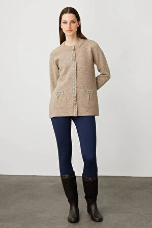 Desen Triko Kadın Sıfır Yaka Önü Keçe Kısa Yün Ceket 25018 K. Bej
