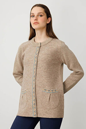 Desen Triko Kadın Sıfır Yaka Önü Keçe Kısa Yün Ceket 25018 K. Bej