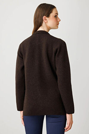 Desen Triko Kadın Sıfır Yaka Önü Keçe Kısa Yün Ceket 25018 Koyu Kahve