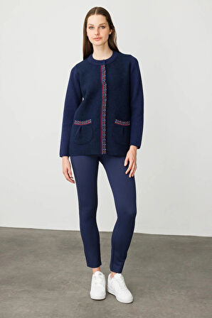 Desen Triko Kadın Sıfır Yaka Önü Keçe Kısa Yün Ceket 25018 Y.A. Lacivert