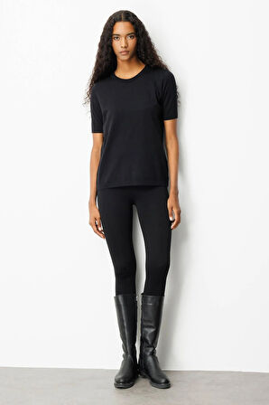 Desen Triko Kadın Sıfır Yaka Kısa Kollu Düz Bluz 25392 Siyah