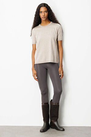 Desen Triko Kadın Sıfır Yaka Kısa Kollu Düz Bluz 25392 Vizon