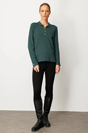 Desen Triko Kadın Polo Yaka Yakası ve Kolu Düğmeli Bluz 25391 Yeşil