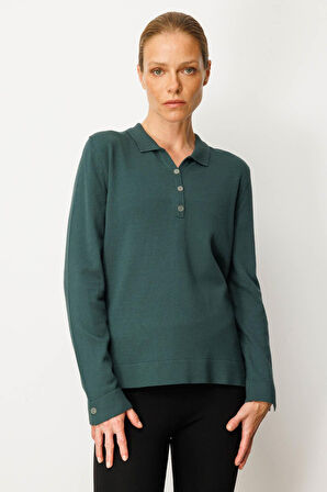 Desen Triko Kadın Polo Yaka Yakası ve Kolu Düğmeli Bluz 25391 Yeşil